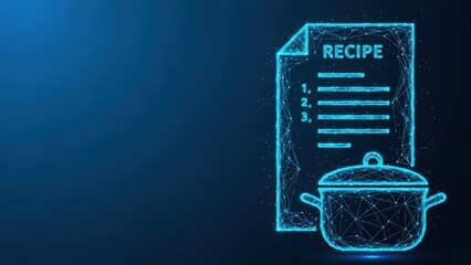 Digital recipe concept with cooking pot and instructions illustrated with glowing blue lines and dots