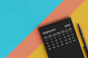 Black Flip Monthly February 2026 Business Calendar with Black Pen. 3d Rendering