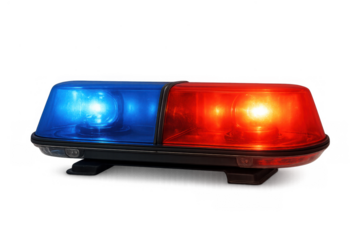 Emergency vehicle flashing light beacon with red and blue lights activated, signaling an urgent situation, transparent background