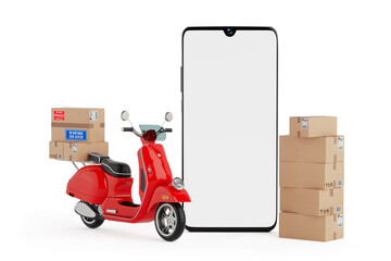 Online Delivery Service Concept. Red Scooter With Parcels And Smartphone Mockup Isolated. 3d Rendering