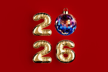 New Year 2026 Celebration Concept. Gold Balloon 2026 New Year Sign Numbers With Tree Bauble As Zero. 3d Rendering