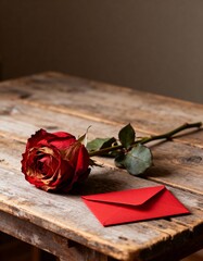 Rustic Vintage Studio Photography of a Beautiful Red Rose and Envelope on a Wooden Table