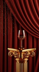 Ornate wine presentation, luxury red curtain backdrop with decorative dust