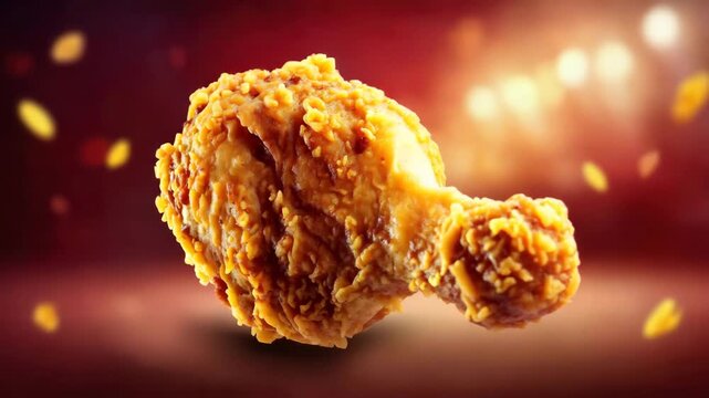 Crispy fried chicken drumstick on vibrant background with golden sparks