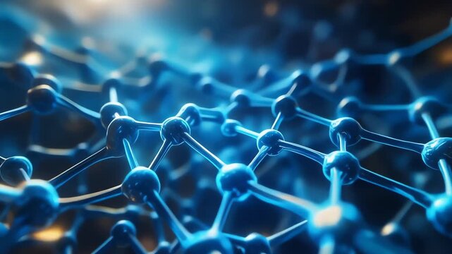 Close-up view of interconnected blue spheres and bonds forming a nanoscale lattice, abstract. vivid