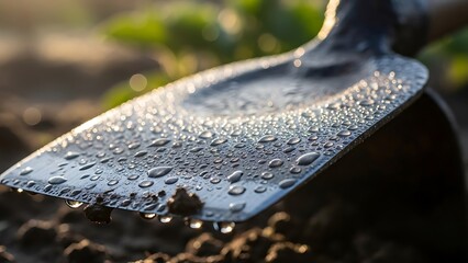 Reflective drops of morning dew resting on a garden hoe's head plate