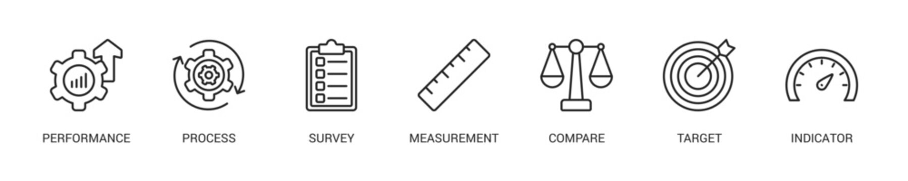 Benchmarking Line Icon Set For Web Banner. Vector Illustration Concept With Some Icons. Designed In Line Style