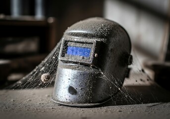 Dusty Welding Helmet Abandoned in Workshop with Cobwebs and Grime