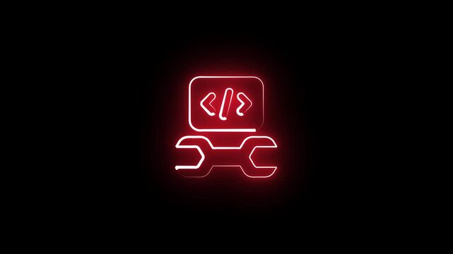 Neon Code and Wrench Icon on Black Background