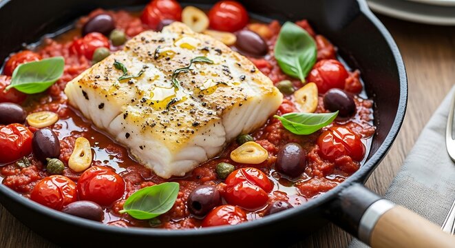 Pan-Seared Cod with Tomato, Olive, and Caper Sauce.