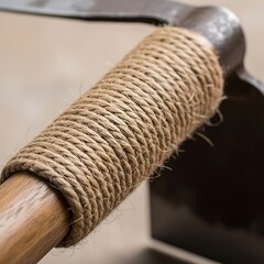 Rustic farming tool handle with wrapped rope for a comfortable grip