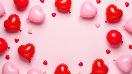 Valentine's Day Heart-shaped Balloons and Small Hearts on Pastel Pink Background