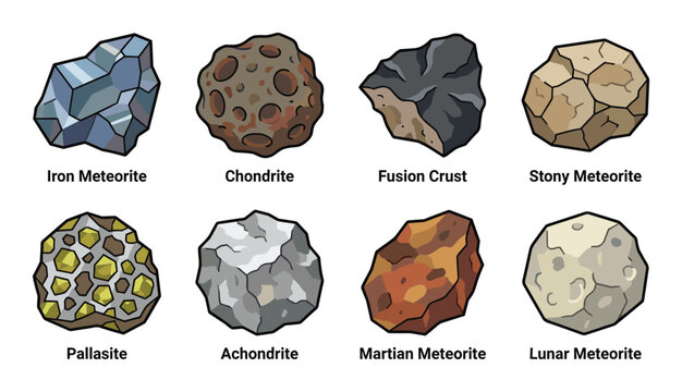 Chart showing meteorite types; iron meteorite, chondrite, fusion crust, and stony meteorite.