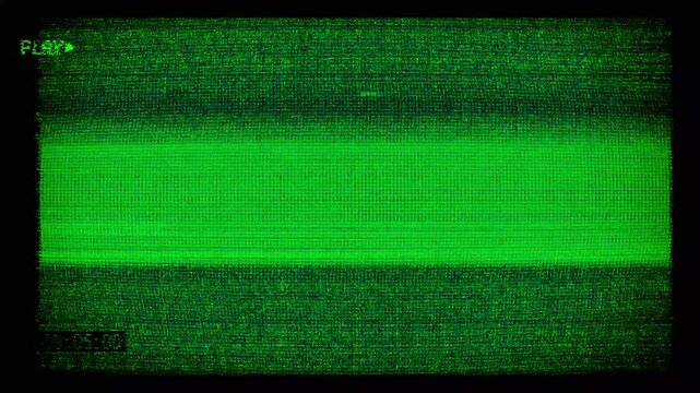 Retro style broadcast screen with Play word symbol timecode and heavy distortions and glitch effects
