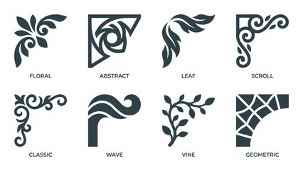Collection of corner design ornaments with floral, abstract, geometric, and classic elements.