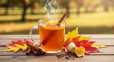 Warm spiced apple cider with orange slice and cinnamon stick on tabletop