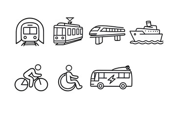 Public transportation modes and eco friendly travel icons representing sustainable urban movement, accessibility, and modern infrastructure