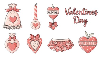 Cute and Charming Valentine's Day Cartoon Illustrations Set with Hearts and Love Symbols