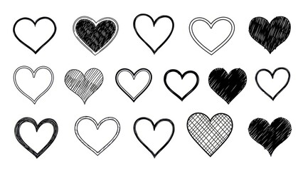 Collection of 15 Sketched and Filled Heart Illustrations in Different Styles for Romantic or