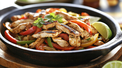 Homemade grilled chicken fajitas with saut&eacute;ed onions and peppers, served on warm tortillas with lime wedges and fresh cilantro. 