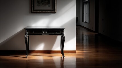 Elegant Black Table in Sunlit Room with Shadowed Corners