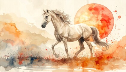 2026年午年：和紙に描かれた水彩画風の白馬と日の出。上品で美しい和風年賀状素材