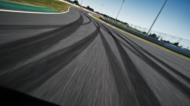 Race track featuring a dramatic sharp curve with visible tire skid marks. 4K HD video