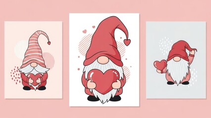 Cute cartoon gnomes holding hearts with affectionate and playful expressions in a whimsical style