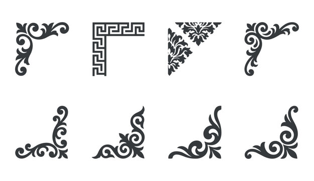 Collection of vector corner flourish designs and border elements for decoration projects. Design elements.