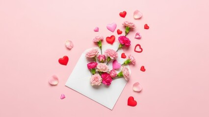 Celebrating Love and Affection with Beautiful Pink and Red Flowers and Heart-Shaped Decorations on
