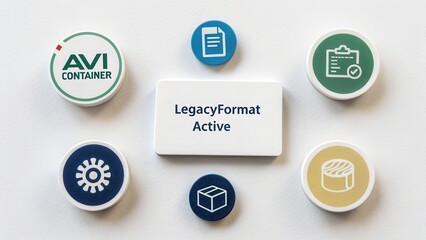 Colorful circular icons surrounding a central label showcasing legacy format status in a modern business environment