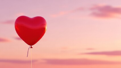 Bright red heart-shaped balloon floating against a soft pink sunset sky