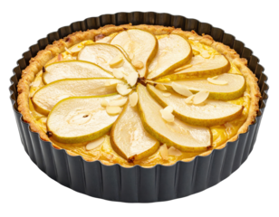 Elegant Pear Tart with Almonds in Fluted Pan, Golden Crust and Delicate Slices