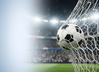 Naklejka premium Soccer ball in goal with net and green background. football concept