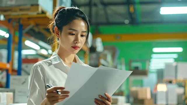 Young Asian Woman Inspecting Inventory in a Modern Warehouse.