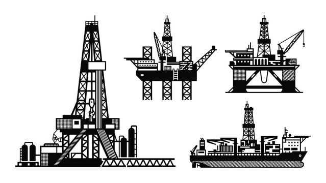 Detailed black and white vector set of oil rigs, platforms, and drillships for design projects.