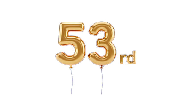 Golden Balloon Numbers 53rd on White Background