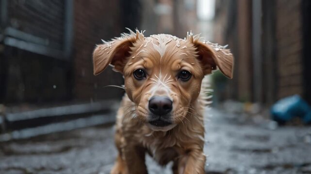 amusing pretty puppy of small brown dog is barking in a living room, looking fearful glance of big round eyes