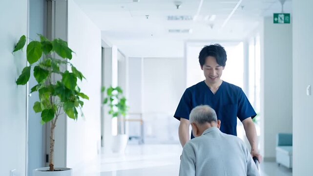 清潔で整理された介護施設の個室にて、日本人男性介護士が高齢者の移乗介助を行う場面。
やわらかな自然光の中で、実務的かつ安全性を重視した介護動作を表現。
集中した表情と安定した姿勢が、責任感と専門性を伝える。