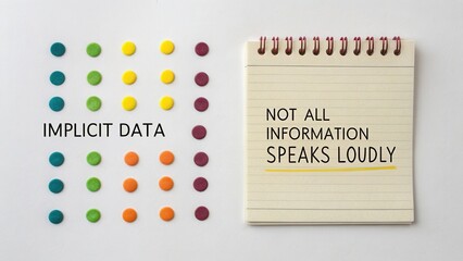 Colorful dots arranged on a white surface beside a spiral notebook with quotes about implicit data and information presentation