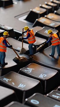 Miniature construction workers diligently cleaning a computer keyboard illustrate the essential maintenance and upkeep of digital systems, highlighting the importance of hygiene in technology