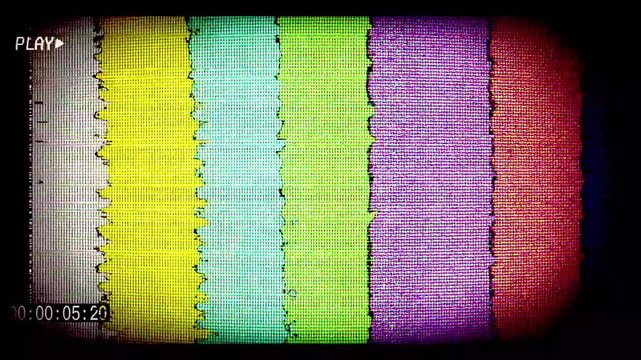 Retro style broadcast screen with Play word symbol timecode and heavy distortions and glitch effects