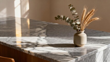 Minimalist marble countertop with dried lavender & wheat in white ceramic vase