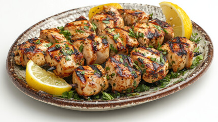 Juicy chicken kebabs with charred edges, arranged on a platter with lemon wedges and sprinkled with fresh herbs for a Mediterranean-inspired presentation. 