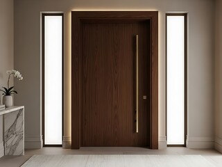 Contemporary entrance featuring a sleek wood door with linear illumination