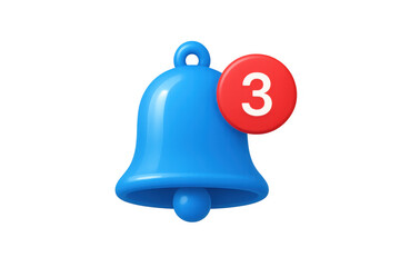 Blue material bell icon with a red circle notification containing number three, receiving message alert concept