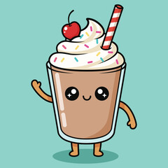Cute Kawaii Chocolate Milkshake Character with Sprinkles and Cherry Vector Art