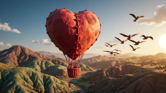 Heart Shaped Hot Air Balloon Glides Over Scenic Landscape at Sunset
