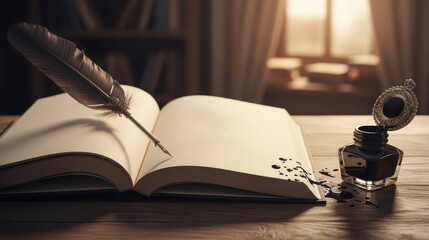 Vintage ink bottle and quill pen on open blank journal with warm sunlight streaming through a window, perfect for writing, creativity, poetry, history, journalism, or artistic projects