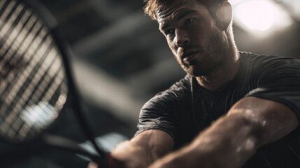 Intense Tennis Athlete Perspiring During Challenging Indoor Practice Session